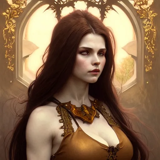 Image similar to brown haired demoness medium portrait, gentle, female, city landscape, norway, d & d, fantasy, intricate, elegant, highly detailed, digital painting, brown and gold color palette, artstation, octane render, concept art, matte, sharp focus, illustration, herrarthstone, art by artgerm and greg rutkowski and alphonse mucha