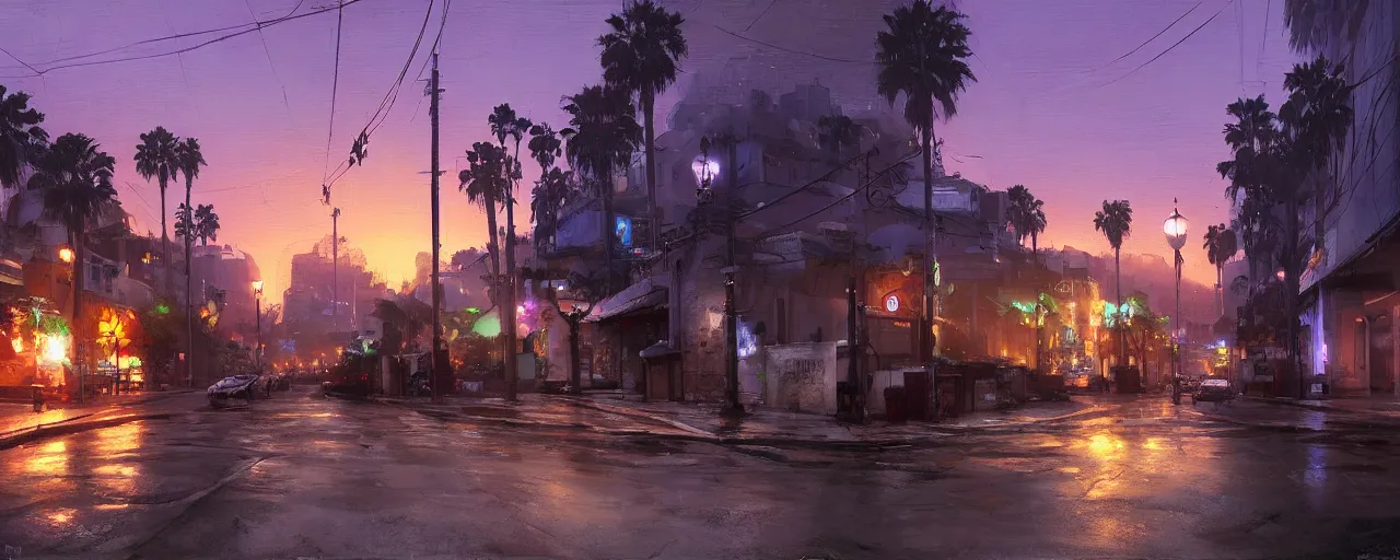 Prompt: a street in los angeles, dusk, painted by craig mullins, purple neon, artstation, matte painting, detailed 8 k, unreal render, anamorphic 3 6 0 hdri