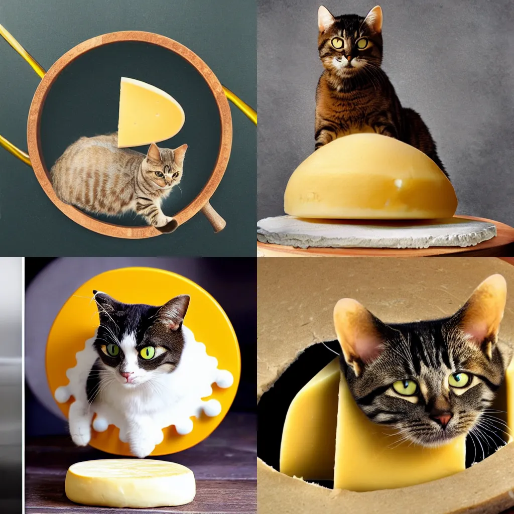 Prompt: picture of a cat sitting on a wheel of cheese, photo real, highly detailed