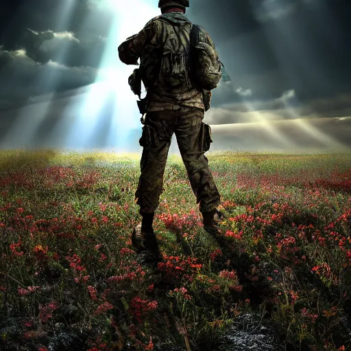 Image similar to the last soldier standing on the battle field, photorealistic, dramatic, award-winning, realism, dramatic, bloom, back lit, god rays, dark, 8k