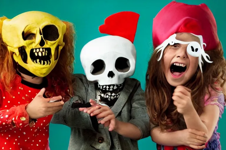 Image similar to a full color still frame from a freaky live action kids tv show about pirate kitten, skull puppet and a sad dumb ghost, tickle fight