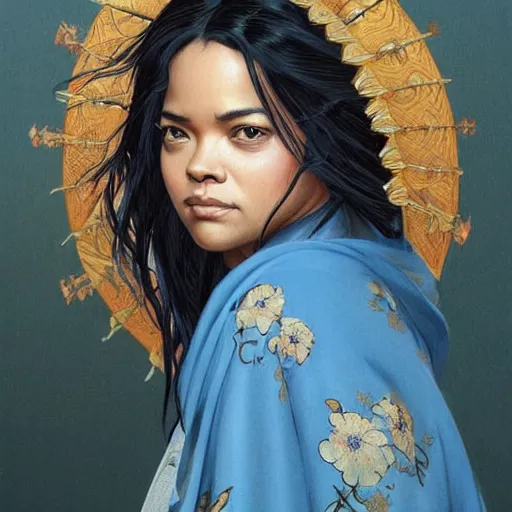 Image similar to full figure ultra realistic illustration, tessa thompson wearing a maiden blue kimono, brown flowy hair, edo japan, intricate, elegant, highly detailed, digital painting, artstation, concept art, smooth, sharp focus, illustration, art by artgerm and greg rutkowski and alphonse mucha