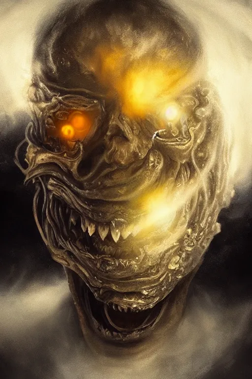 Image similar to Haunting horrifying detailed painting of a man made of cloudy smoke, golden teeth and glowing lens flare eyes, hyper detailed, trending on Artstation