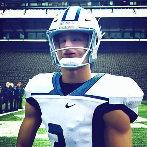 Image similar to “ a realistic detailed photo of a guy who is an attractive humanoid who is half robot and half humanoid, who is a male android, football player christian mccaffrey, shiny skin, posing like a statue, blank stare, on the field, on display ”