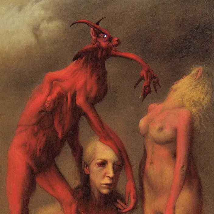 Image similar to a red-horned goblin monster next to a woman, by Odd Nerdrum