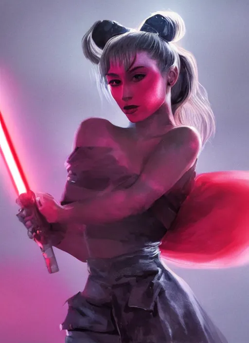 Image similar to Photo of Sith Ariana Grande with a red light saber, Star Wars concept art, trending on artstation, dramatic lighting, photo-realistic