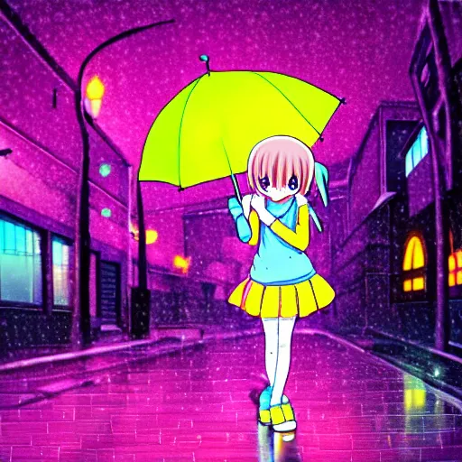 Image similar to a cute anime girl wearing a cat hoodie holding an umbrella walking in a neon lit street in the rain in the style of america mcgee's alice