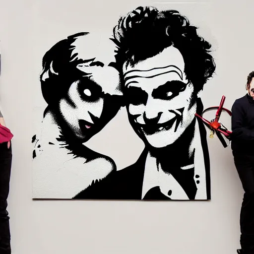 Image similar to mimmo rottela and banksy as joaquin phoenix skinny joker holding hand lady gaga harley queen, ultra photorealistic, intricate details, pop art style, concept art, random object movement, 3 colors, 4 k, smooth, sharp focus