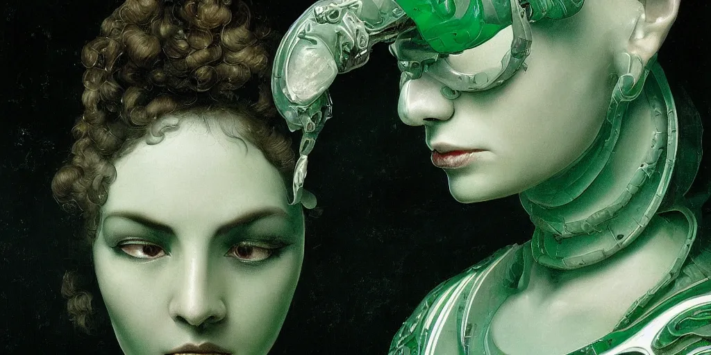 Image similar to a dark baroque close - up portrait of a deep green and white porcelain being made out of white sci - fi vitrified translucent ceramic marble ; china. reflective detailed textures. gloomy black background. highly detailed fantasy science fiction painting by moebius, norman rockwell, frank frazetta, and syd mead. rich colors, high contrast. artstation