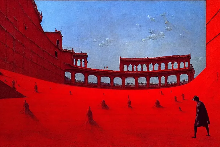 Image similar to only with red, a red melted emperor, taormina amphitheatre, crowd hails him, in the style of beksinski, parts by edward hopper, parts by rodcenko, parts by yue minjun, intricate and epic composition, red by caravaggio, insanely quality, highly detailed, masterpiece, red light, artstation, 4 k