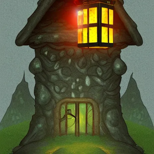 Prompt: a mushroom cabin in the middle of the woods, with a lantern lighting the dark night outside, digital art, in the style of Lovecraft