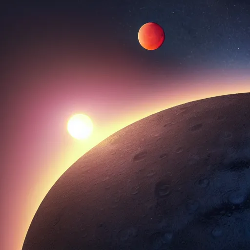 Image similar to lunar eclipse over alien planet with ringed planet on horizon, backlit luminescent galactic dreamscape, 3 d 4 k matte painting