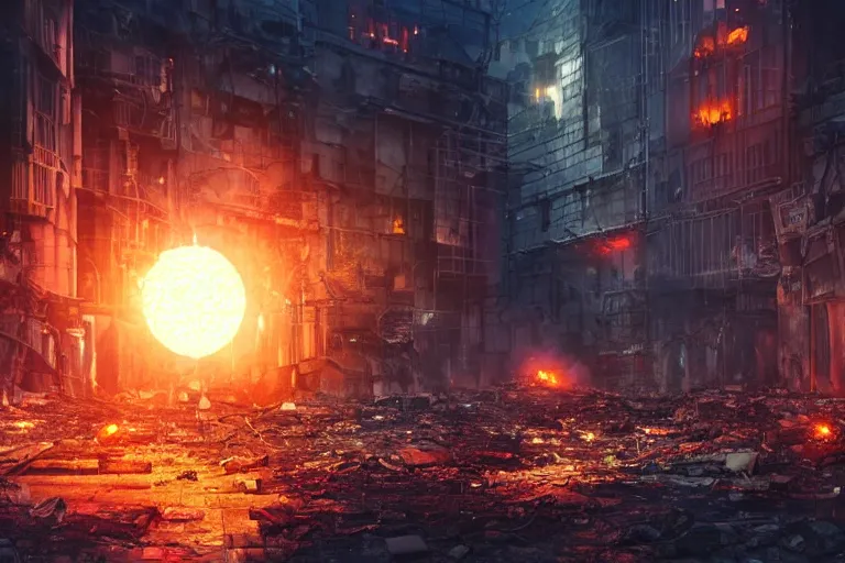 Prompt: Singular Cybernetic Robotic Fire Orb Floating above a destroyed city street, fantasy, photorealistic, metropolis, holographic, hologram