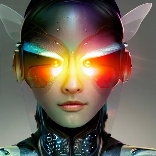 Prompt: masterpiece!!!! portrait of a futuristic android, science fiction, smooth technology, smooth body, fairy wings, intricate, headshot, highly detailed, digital painting, trending on artstation, concept art, sharp focus, cinematic lighting, illustration, art by masamune shirow , vivid colors, warm glows, particles, cgsociety