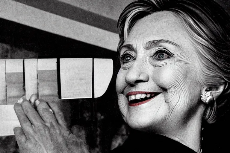 Prompt: closeup potrait of Hillary Clinton leaving behind a trail of envelopes in a new york street, screen light, sharp, detailed face, magazine, press, photo, Steve McCurry, David Lazar, Canon, Nikon, focus