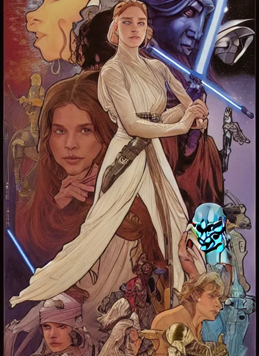 Image similar to movie poster by iain mccaig and magali villeneuve and drew struzan and alphonse mucha, a very beautiful!!!! woman jedi master, highly detailed. star wars original trilogy, she is about 2 0 years old, wearing jedi robes.