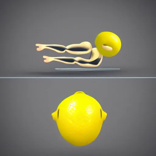Prompt: a lemon in shape of a human with legs of lemons and round body, very realistic, high quality, volumetric light