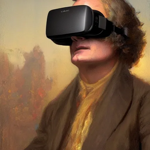 Image similar to portrait of isaac newton using a vr googles oculus rift, artwork by gaston bussiere, craig mullins, trending on artstation