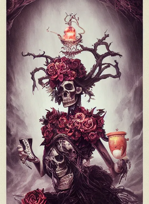 Image similar to Queen of Hearts having tea, Death Tarot card,highly detailed,half skull face,cinematic,8k,by Stanley Artgermm,Tom Bagshaw,Greg Rutkowski,Carne Griffiths, Ayami Kojima, Beksinski, Giger,trending on DeviantArt,hyper detailed,horror, full of colour