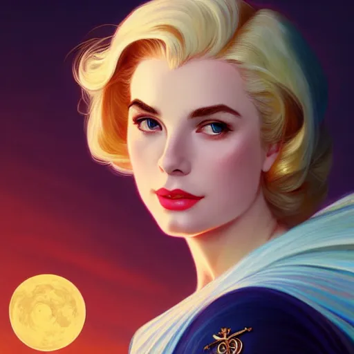 Image similar to Blonde Grace Kelly as Sailor Moon, western, D&D, fantasy, intricate, elegant, highly detailed, digital painting, artstation, concept art, matte, sharp focus, illustration, art by Artgerm and Greg Rutkowski and Alphonse Mucha