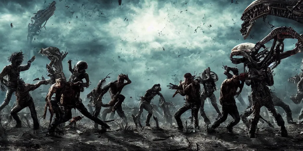 Image similar to epic battle scene of aliens versus zombies, post apocalyptic, post human, Epic Background, highly detailed, sharp focus, 8k, 35mm, cinematic lighting