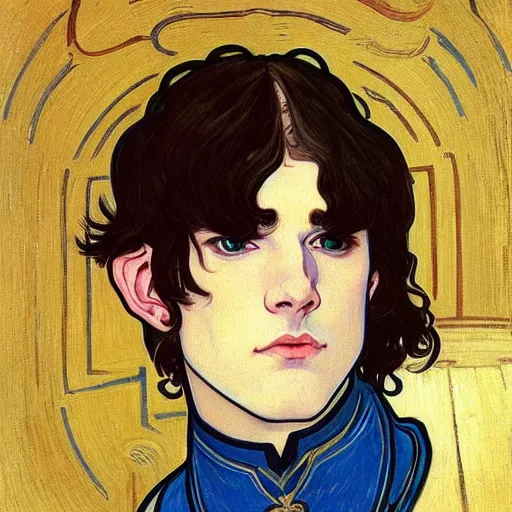 Image similar to portrait painting of young handsome beautiful paladin elf!! man with long! wavy dark hair and blue eyes in his 2 0 s named taehyung minjun james, pale, wearing armor!, gorgeous hair, elf ears, icy eyes, elegant, cute, delicate, soft facial features, art by alphonse mucha, vincent van gogh, egon schiele,