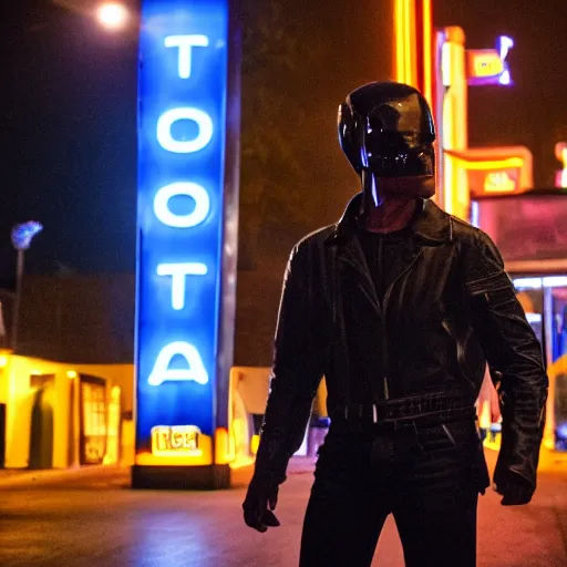 Prompt: An dramatic, iconic movie shot of an young man as the T-800 , outside an neon-lit cafe at night, with the moon out, detailed, ominous