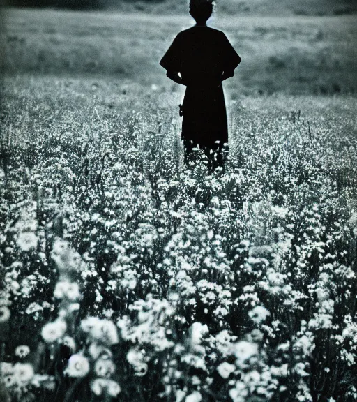 Image similar to mystical death god standing in tall meadow of flowers, distant, vintage film photo, grainy, high detail, high resolution