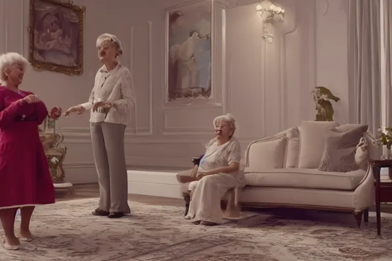 Prompt: VFX movie of happy old women helping a served by humanoid assistant robot in a decadent living room by Emmanuel Lubezki