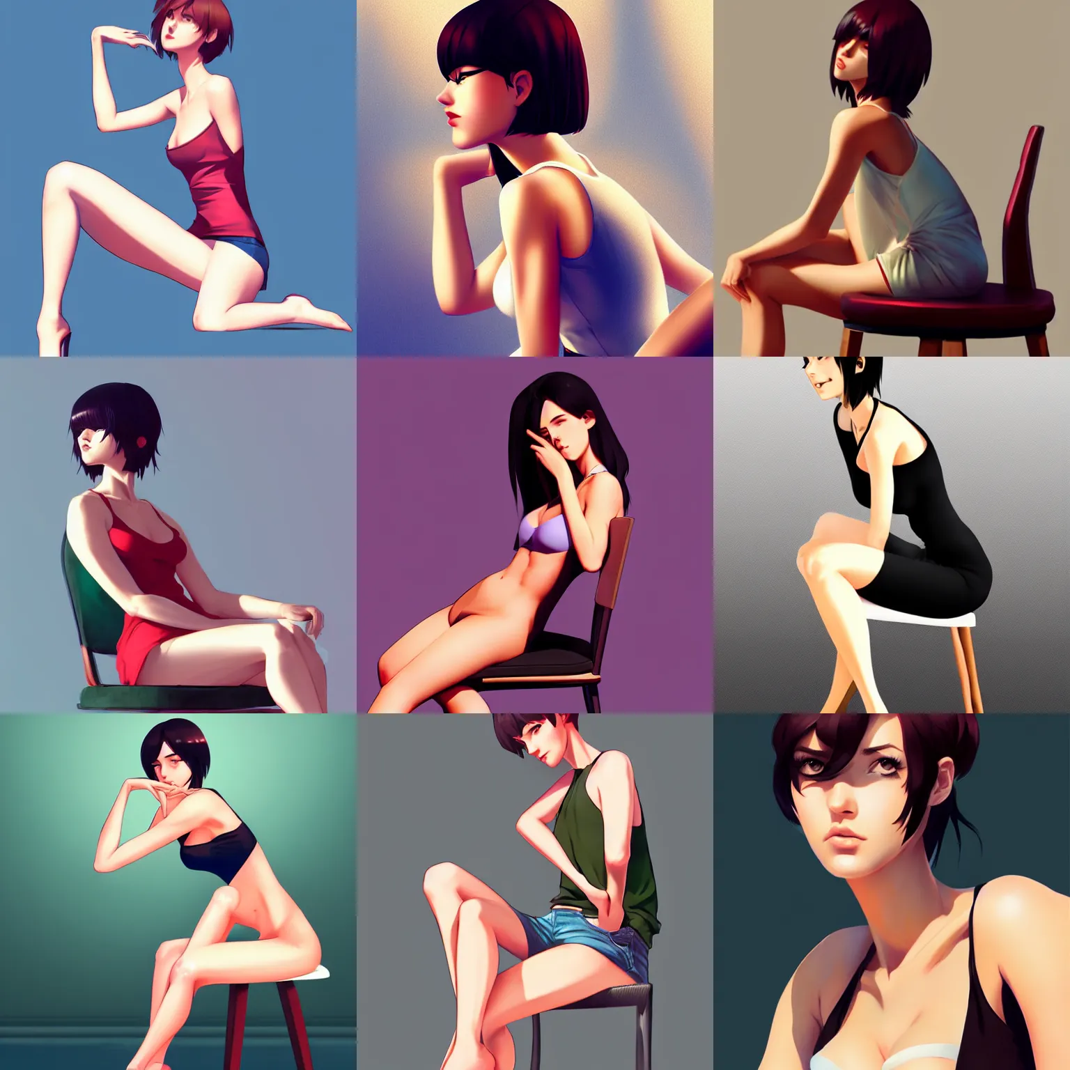 Prompt: sexy girl wearing a low cut tanktop, sitting on a chair, side view, in the style of ilya kuvshinov and artgerm