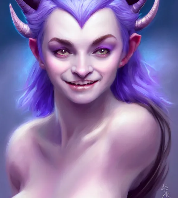 Prompt: cute female tiefling smiling, perfect face, horns, pale purple halter top, blue hair, abs, cinematic, blush, stunning, elegant, highly detailed, psychedelic, digital painting, artstation, smooth, hard focus, illustration, art by jessica rossier and and brian froud