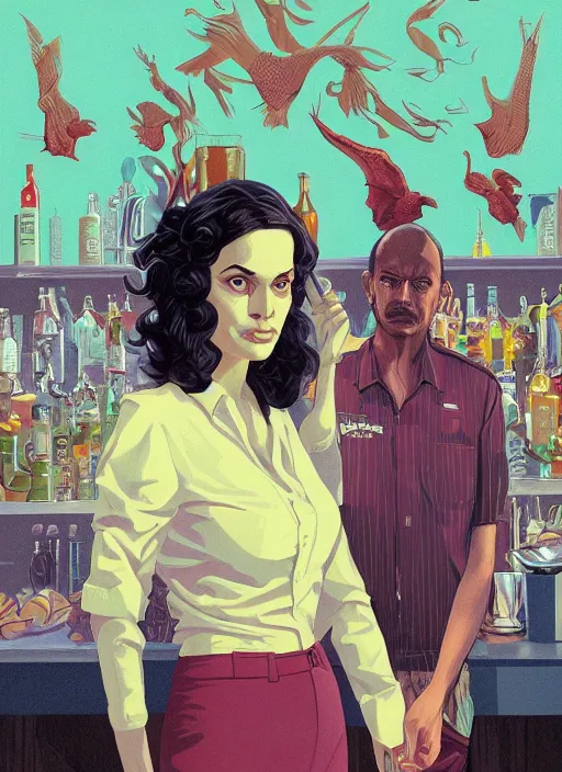 Image similar to poster artwork by Michael Whelan and Tomer Hanuka, Karol Bak of Alexandria Ocasio-Cortez bartender, from scene from Twin Peaks, clean, simple illustration, nostalgic, domestic, full of details