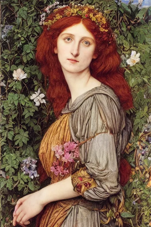 Prompt: a pre-raphaelite portrait of a woman in a mythical dress with floral decoration