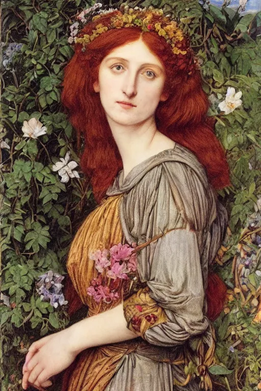 Image similar to a pre-raphaelite portrait of a woman in a mythical dress with floral decoration