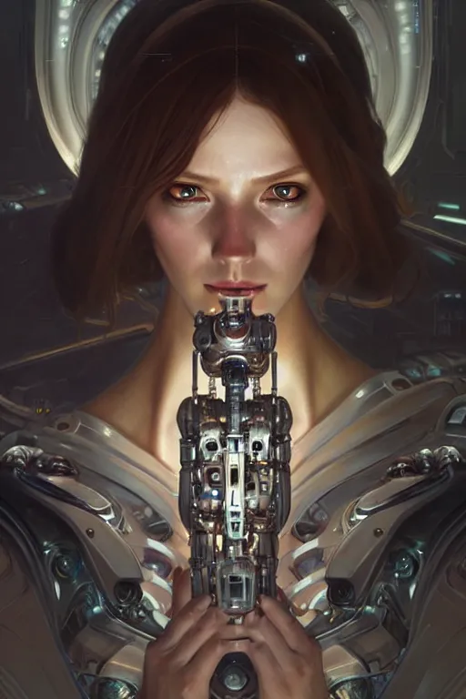 Image similar to beautiful crying! female mechanical android!, half portrait, intricate detailed environment, photorealistic!, intricate, elegant, highly detailed, digital painting, artstation, concept art, smooth, sharp focus, illustration, art by artgerm and greg rutkowski and alphonse mucha