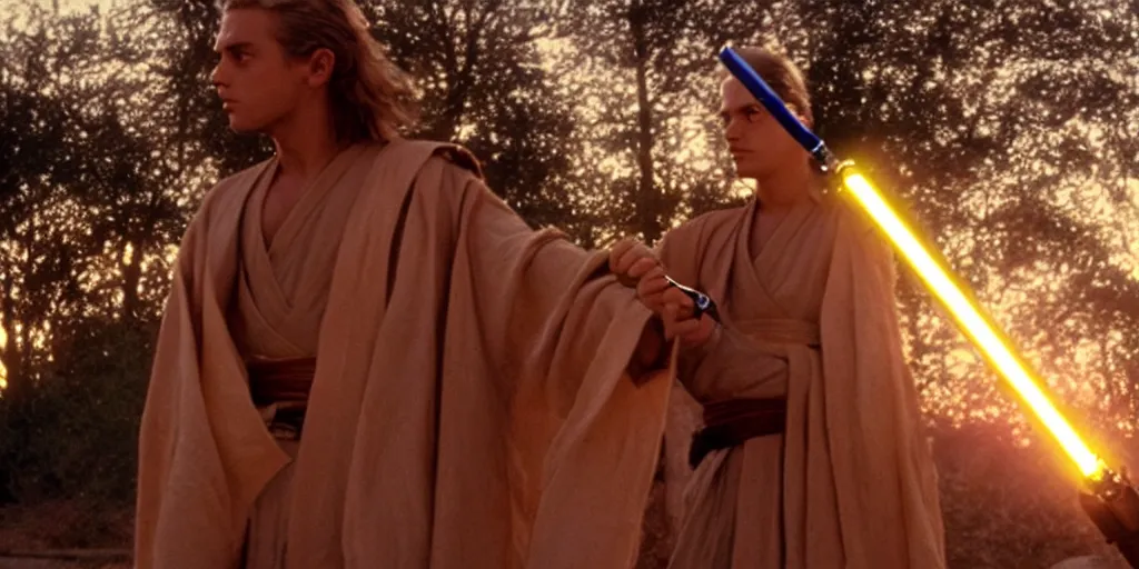 Prompt: !dream A full color still of a young blonde Jedi padawan holding a lightsaber hilt, at dusk!!!, at golden hour!!!, from The Phantom Menace, directed by Steven Spielberg, 1990