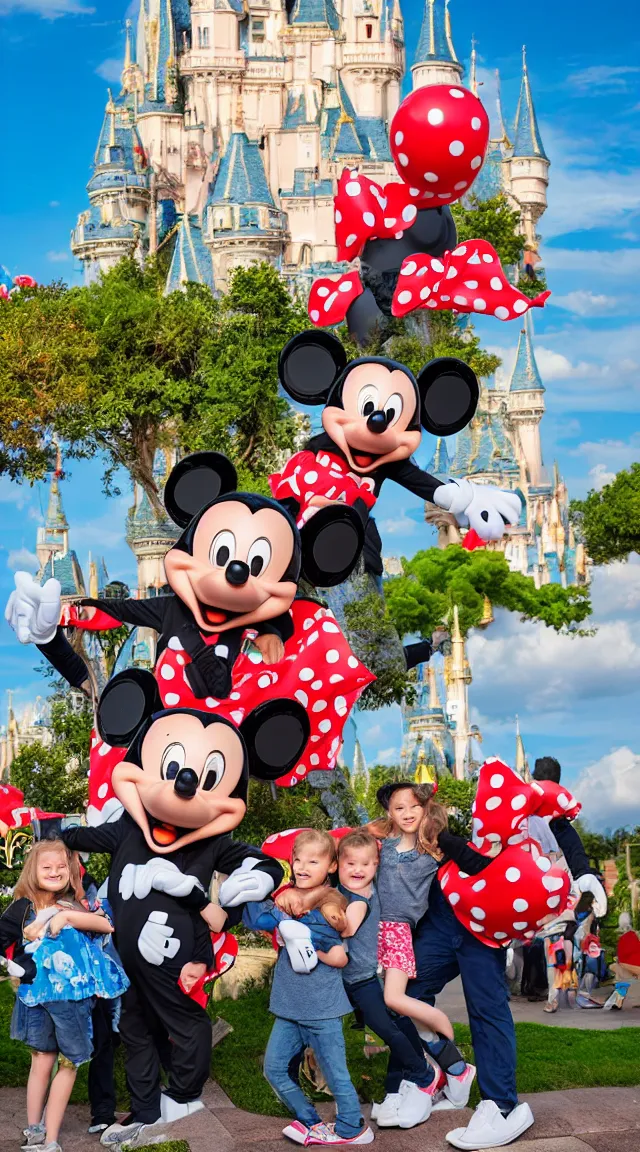 Image similar to giant mickey mouse looming over cowering children, professional photo, hdr