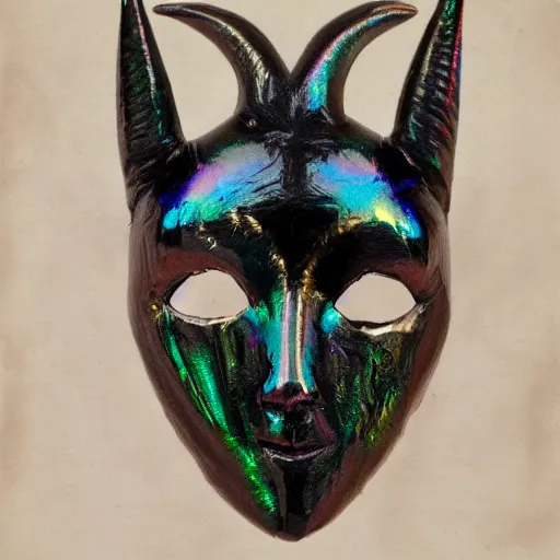 Prompt: tintype of an iridescent girl with black goat mask, hyperrealistic, detailed