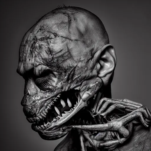 Image similar to artistic photoshoot of a mothan hybrid, grotesque, body horror, mutant shaming, creepy, terrifying, 8 k hdr 8 0 mm wide angle portrait, high contrast black and white, insectoid n