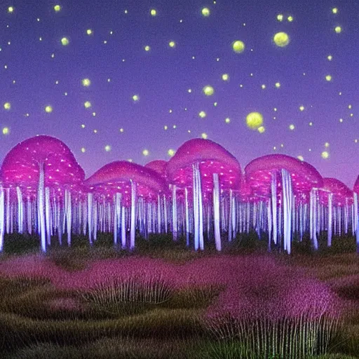 Image similar to field of tall beautiful luminescent pink and blue mycena fungi, emitting spore clouds, midnight, huge golden moon with small craters visible in night sky, hyperrealistic, detailed, soft lighting, fireflies