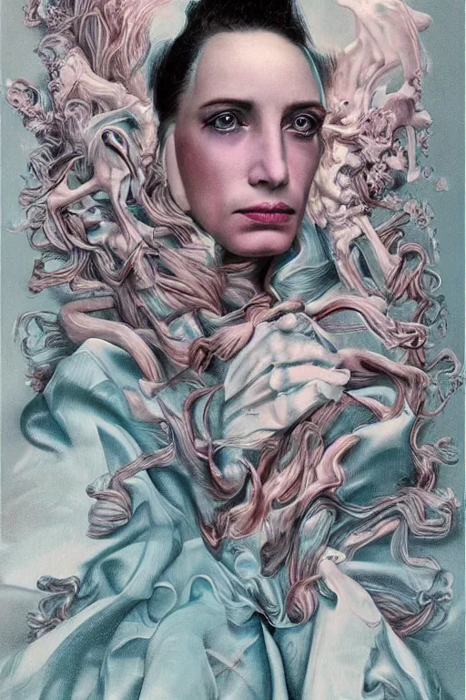 Image similar to Portrait of a woman with bangs in style of 80s surrealism art, hyper-detailed