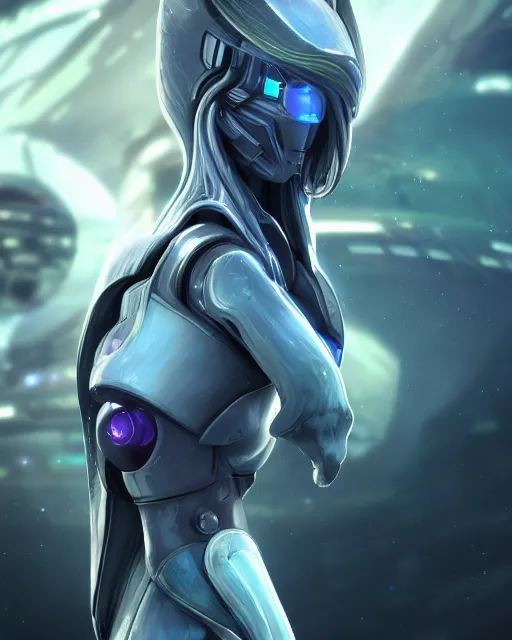 Image similar to perfect android girl on a mothership, warframe armor, beautiful face, scifi, futuristic, galaxy, nebula, raytracing, dreamy, long white hair, blue cyborg eyes, sharp focus, cinematic lighting, highly detailed, artstation, divine, by gauthier leblanc, kazuya takahashi, huifeng huang