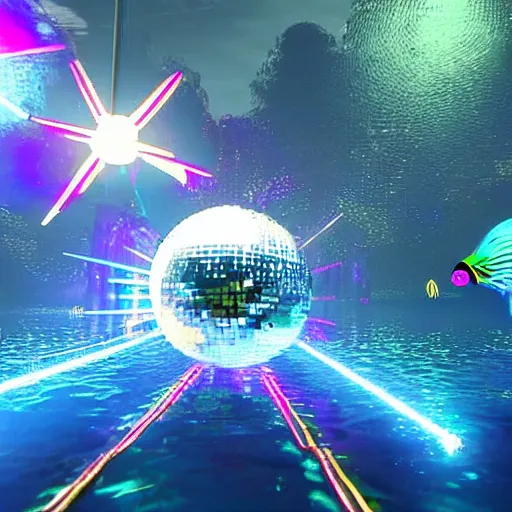 Prompt: screenshot from an AAA video game about fish that can transform to a disco ball trending on artstation