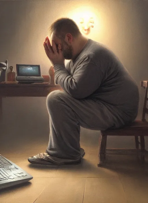 Image similar to insanely detailed chiaroscuro image of a exhausted - looking slightly fat casually - dressed programmer guy on his knees facing his glowing ultrawide computer monitor monitor begging it for forgiveness, oil on canvas, masterwork, fine detail, trending on artstation, emotive, insanely compelling, ryden, greg rutkowsky, moebius