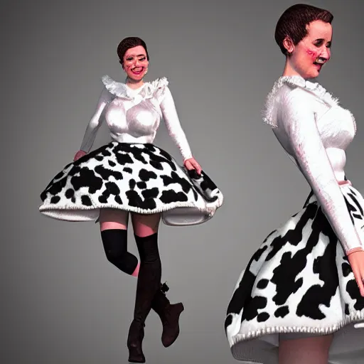 Prompt: A Marvelous Designer render of a cow costume with Holstein print fabric. Ruched bodice, puff sleeves, skater skirt, white fur boots with hooves.