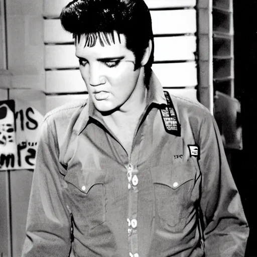 Prompt: fillm still, full body shot of Elvis Presley turned into a zombie, from the TV-series The Walking Death, promotional image, graphic,