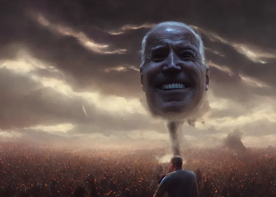 Image similar to large abstract painting of giant grinning Joe Biden head emerging from cosmic clouds at giant immense crowd of person army, trending on ArtStation, masterpiece, by Greg Rutkowski, by Ross Tran, by Fenghua Zhong, octane, lightbeam eyes, soft render, clear facial features, oil on canvas,, moody lighting, cinematic, professional environment concept art