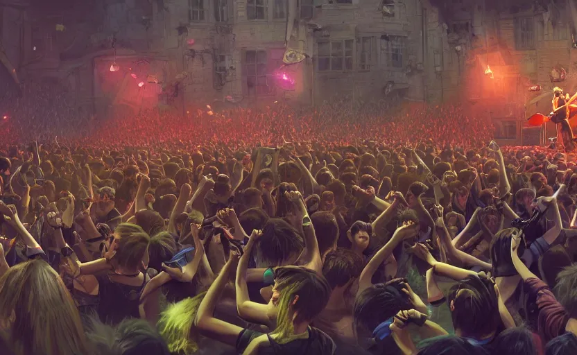 Image similar to 4 punks in school uniform with mohawks stand on stage with guitars and drums and microphones and yell day, foreground fight of ravers and punks, by marc simonetti, tyler edlin, deviantart, ray tracing, octane render, digital art, realistic, high quality, 8 k