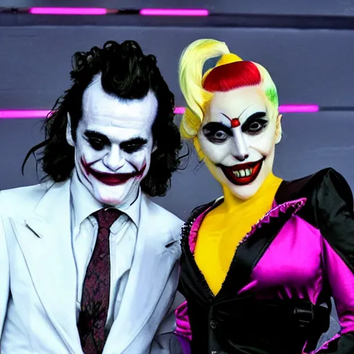 Image similar to mimmo rottela as skinny joaquin phoenix joker and lady gaga as harley queen