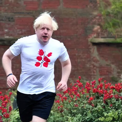 Image similar to Photo of Boris Johnson running, wearing a white t shirt and red shorts with a design of white flowers on them, sweaty